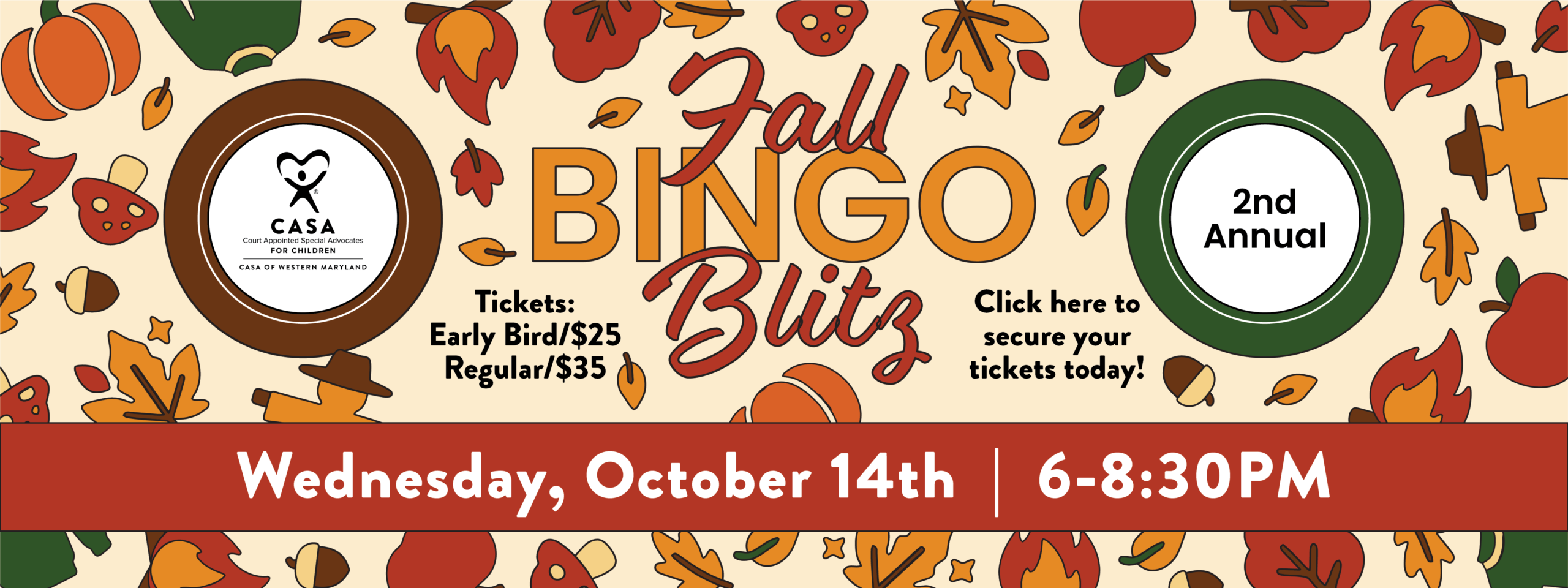 CASA of Western maryland 2nd Annual Fall Bingo Blitz website home page graphic with fall icons and event details