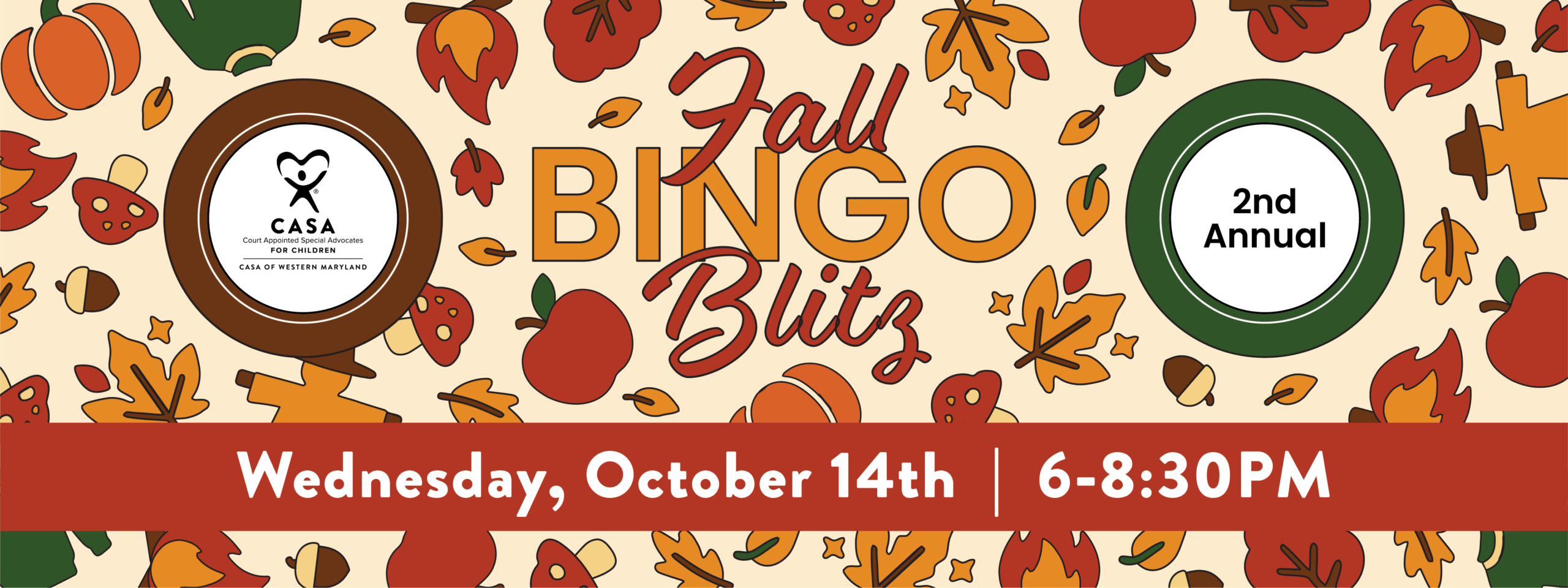 2nd Annual CASA of Western Maryland Fall Bingo Blitz graphic with fall icons
